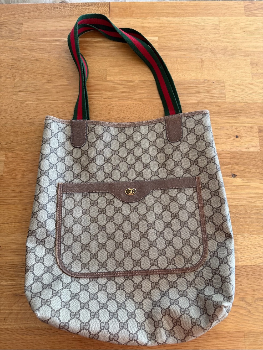 Gucci Beige GG Canvas Tote with Brown Trim and Green-Red Web Straps - Picture 1 of 5